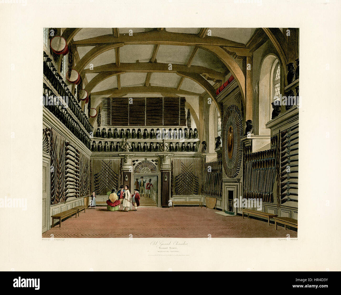 Diese Illustration aus Pynes „königlichen Residenzen“ zeigt die alte Gardenzkammer in Windsor Castle. Es unterstreicht die große Inneneinrichtung und den architektonischen Stil des frühen 19. Jahrhunderts. Stockfoto