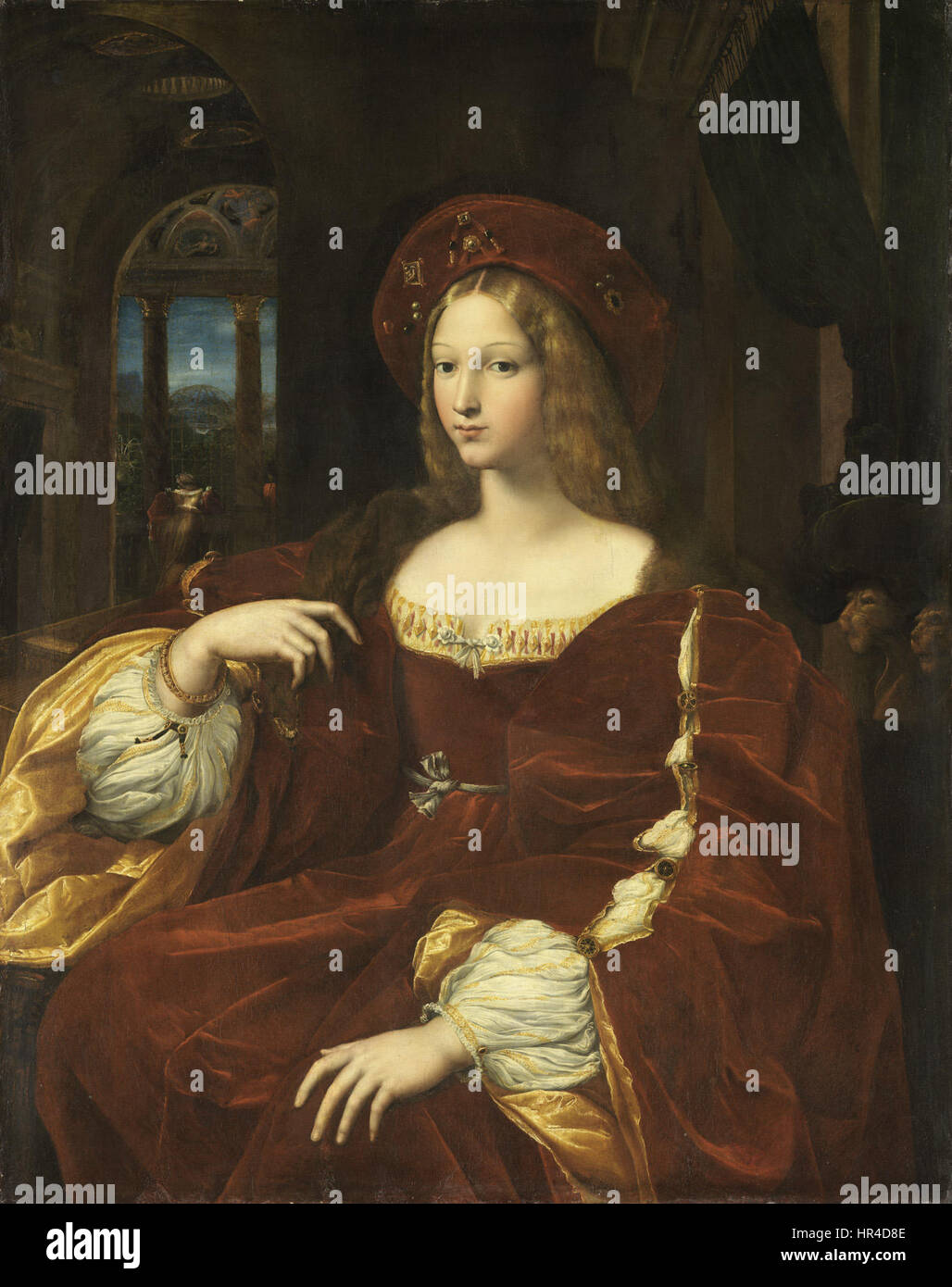 Dieses Porträt von Raphael zeigt Jeanne d'Aragon und zeigt ihre königliche würde durch Renaissanceporträts, die für ihre zarte Darstellung und ihren klassischen Stil bekannt sind. Stockfoto