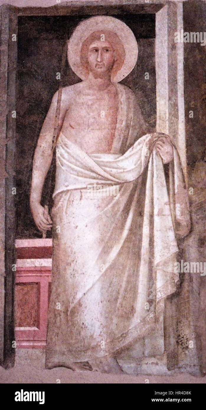 Pietro Lorenzettis „Cristo Risorto“ (Christus auferstanden) zeigt eine dramatische Darstellung der Auferstehung. Das für die frühe italienische Renaissance typische Fresko betont religiöse Themen und ist bekannt für seine räumliche Tiefe und lebendige Farbe. Stockfoto