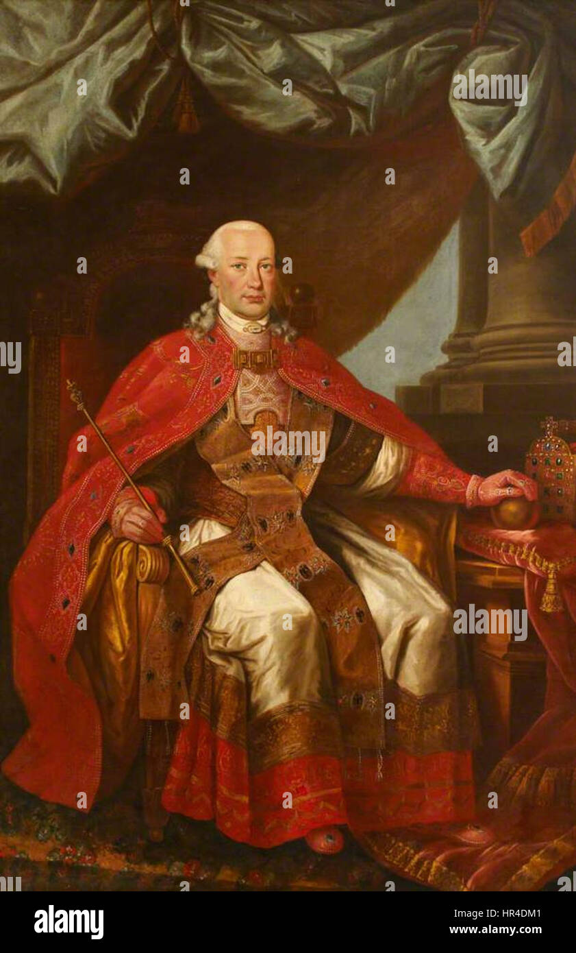 Dieses Porträt zeigt Leopold II., Kaiser des Heiligen Römischen Reiches von 1790 bis 1792. Das Gemälde fängt seine königliche Kleidung und seine kaiserliche Haltung ein und spiegelt die Pracht des späten 18. Jahrhunderts wider. Stockfoto