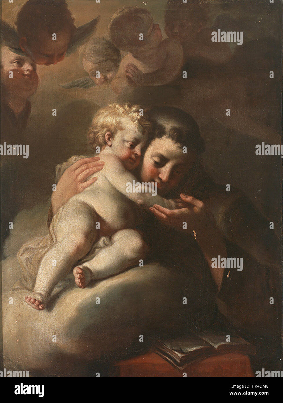 Dieses Kunstwerk aus dem Kreis Paul Trogers, das den Heiligen Antonius mit dem Christuskind darstellt, spiegelt den Barockstil mit seiner dynamischen Komposition und seinem religiösen Thema wider. Stockfoto