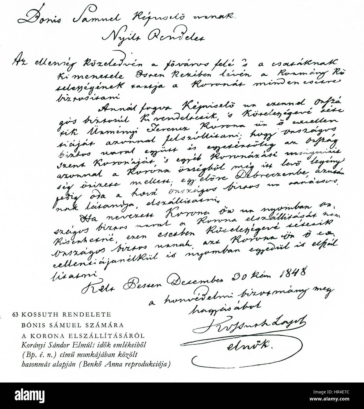 Reihenfolge der Lajos Kossuth über den Transport der Krone Stockfoto