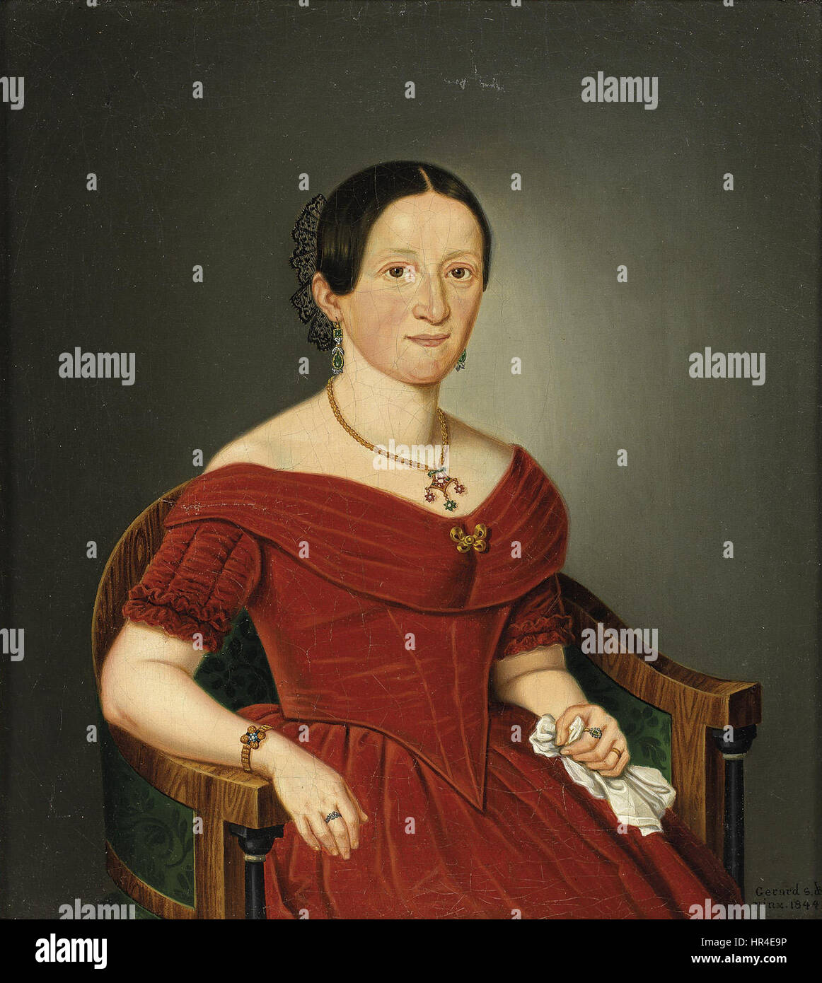 Dieses Porträt aus dem Jahr 1844 zeigt eine elegante Dame in einem roten Kleid, die mit Biedermeier-Schmuck verziert ist. Das Kunstwerk spiegelt die Mode und den raffinierten gesellschaftlichen Status der Biedermeier-Ära im Europa des 19. Jahrhunderts wider. Stockfoto