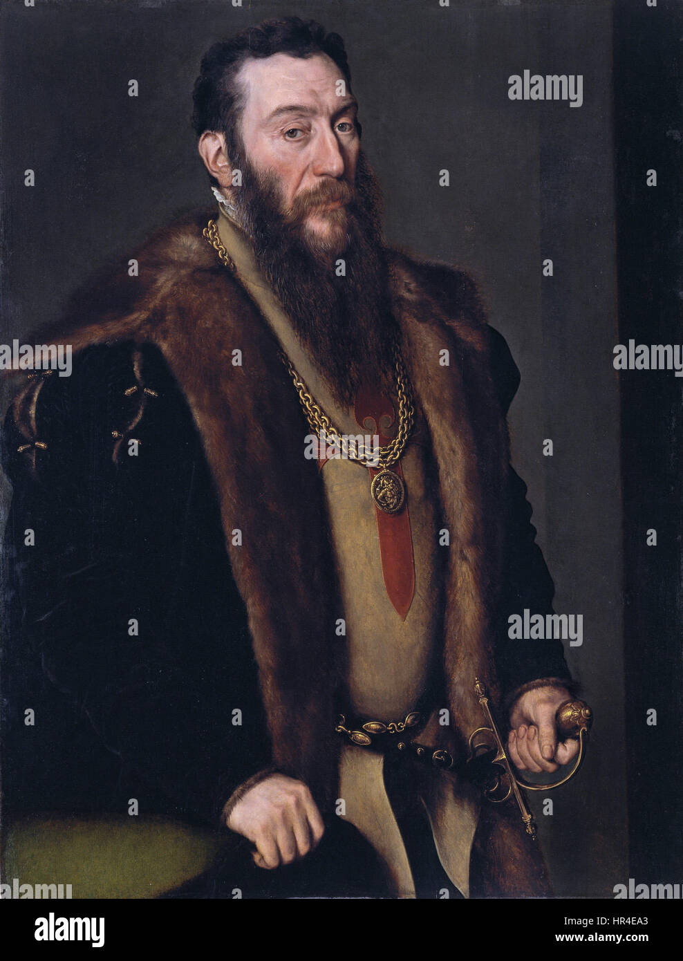 Antonis Mors Porträt des italienischen Adligen Giovanni Battista di Castaldo fängt die königliche Haltung und würdevolle Präsenz des Themas ein. Die Verwendung von feinen Details und reichen Texturen unterstreicht den Reichtum und den Status des Sitters und zeigt die Meisterschaft der Renaissance in Porträts. Stockfoto