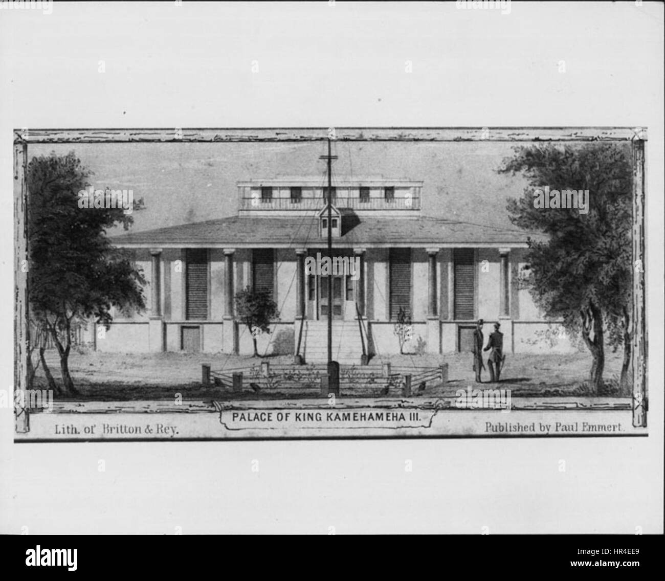 Dieses historische Bild des Palastes von König Kamehameha III., vom Hafen aus gesehen, fängt die Bedeutung der hawaiianischen königlichen Architektur ein. Der Palast war ein zentrales Symbol der hawaiianischen Monarchie im 19. Jahrhundert. Stockfoto