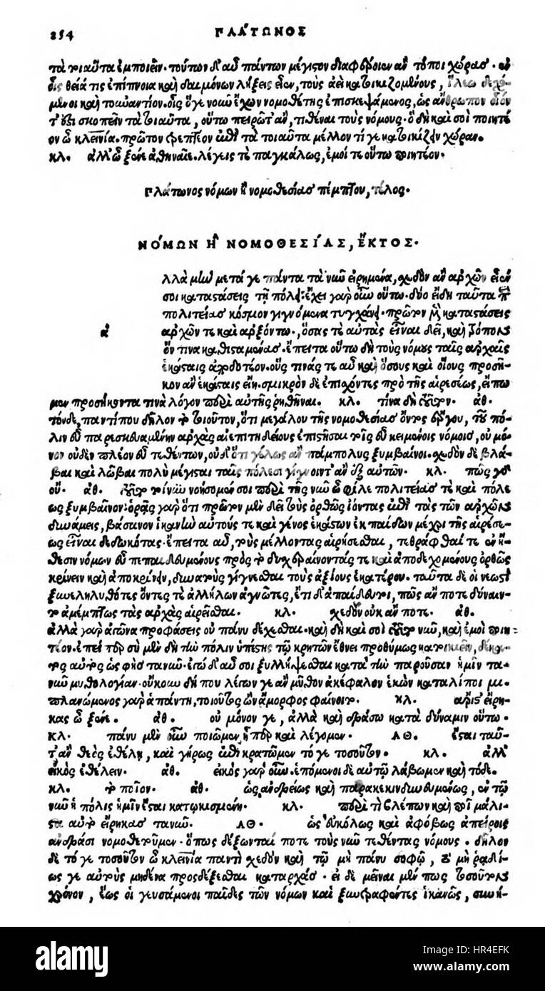 „Nomoi VI“ ist ein klassisches griechisches Werk, und die „Editio princeps“ bezieht sich auf die erste Ausgabe der Handschrift. Die Arbeit beschäftigt sich mit juristischen und philosophischen Themen und bietet Einblicke in das altgriechische Denken und Recht. Sie war ein entscheidender Faktor für die Entwicklung der Rechtsphilosophie. Stockfoto