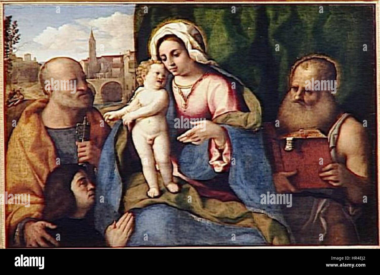 LA VIERGE, L ' ENFANT JESUS, SAINT-PIERRE, DER HEILIGE HIERONYMUS ET UN DONATEUR Stockfoto