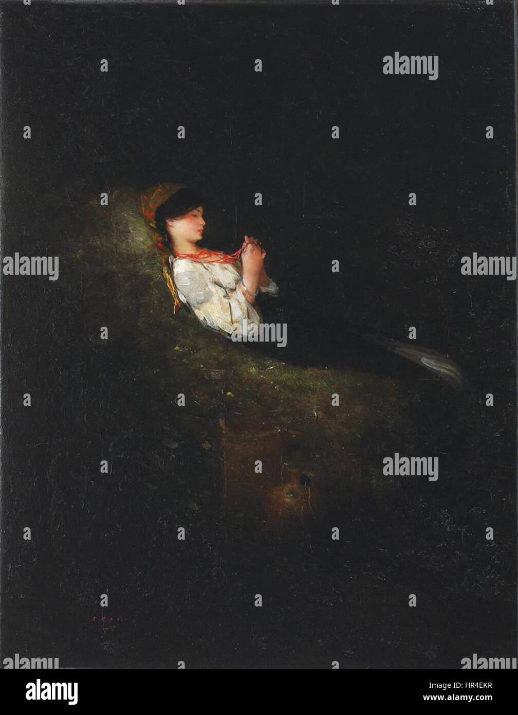 „Tarancuta odihnindu-se“ (die ruhende Bauernfrau) von Nicolae Grigorescu zeigt einen einfachen, aber kraftvollen Moment der Ruhe im ländlichen Rumänien. Der Künstler fängt die Kraft und Gelassenheit einer Frau nach der Geburt in der pastoralen Landschaft ein. Stockfoto