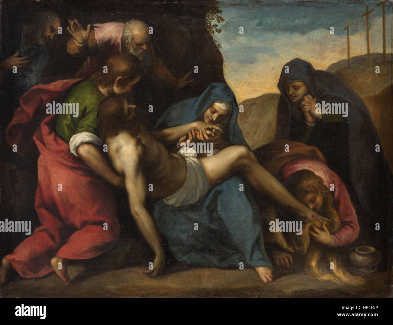 Das Kunstwerk von Palma il Giovane zeigt ein religiöses oder mythologisches Thema, das typisch für den venezianischen Renaissance-Stil ist. Palmas Gemälde ist bekannt für seine detaillierten Kompositionen und die Verwendung lebendiger Farben und spiegelt die spirituellen und dramatischen Elemente wider, die dieser Zeit gemein sind. Stockfoto