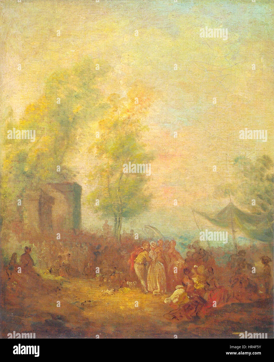 „Fête Galante“ von Norblin ist ein Gemälde, das ein Treffen im Freien aus dem 18. Jahrhundert veranschaulicht, ein beliebtes Thema in der Rokoko-Kunst. Die Szene fängt eine elegante und raffinierte Atmosphäre mit Figuren in aristokratischer Kleidung ein, die höfische Aktivitäten ausüben. Das Gemälde unterstreicht die sorglose, unbeschwerte Natur der Zeit, wobei es sich um romantische Themen, soziale Interaktion und modische Kleidung handelt, die typisch für den Rokoko-Stil ist. Stockfoto