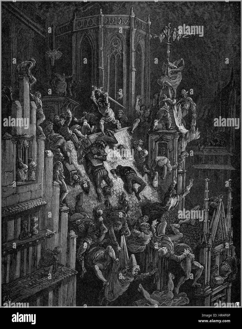 „Orlando Furioso 38“ zeigt eine Schlüsselszene aus Ludovico Ariostos epischem Gedicht und hebt die heroischen und fantastischen Elemente der mittelalterlichen Literatur durch detaillierte künstlerische Darstellung hervor. Stockfoto