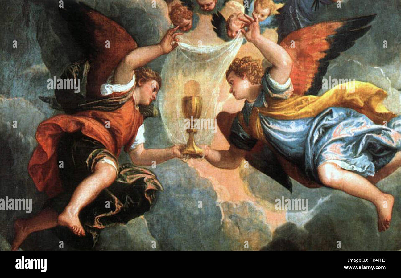 Dieses detaillierte Werk von Paolo Veronese zeigt die Ehefrau Zebedees, die Christus für ihre Söhne Jakobus und Johannes bittet. Das Gemälde ist Teil von Veronese’ größerer Serie, die sich auf biblische Szenen konzentriert, und zeigt sein Können in der Erstellung komplexer Kompositionen und satter, lebendiger Farben. Sie unterstreicht die Raumnutzung und die dramatische Beleuchtung von Veronese. Stockfoto