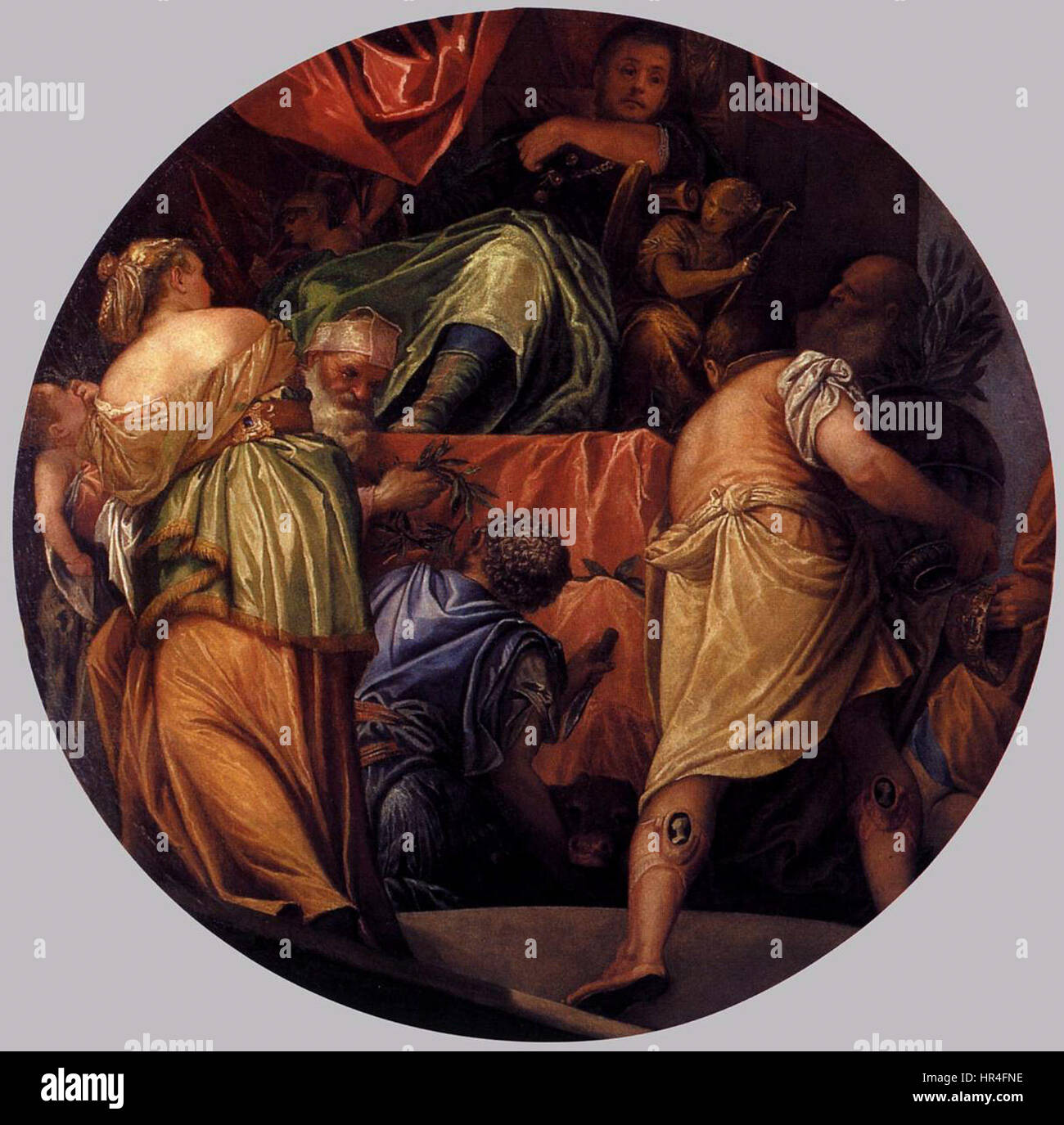 *Honour* von Paolo Veronese ist ein großes allegorisches Gemälde, das den Begriff der Ehre feiert und als personifizierte Figur dargestellt wird. Das Werk zeigt Veronese's Beherrschung von Farbe und Komposition mit satten, lebendigen Tönen und detaillierten Figuren in klassischem Stil. Stockfoto