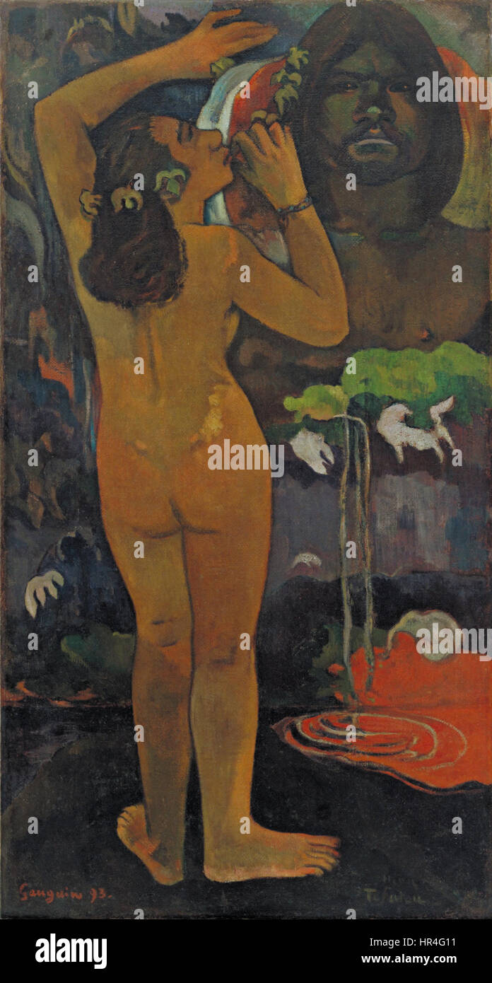 Paul Gauguins „Hina Tefatou“ ist ein Gemälde, das polynesische Themen und Symbolismus erforscht. Das Werk spiegelt Gauguins Erforschung der tahitianischen Kultur und deren Integration mit seiner eigenen künstlerischen Vision wider. Stockfoto