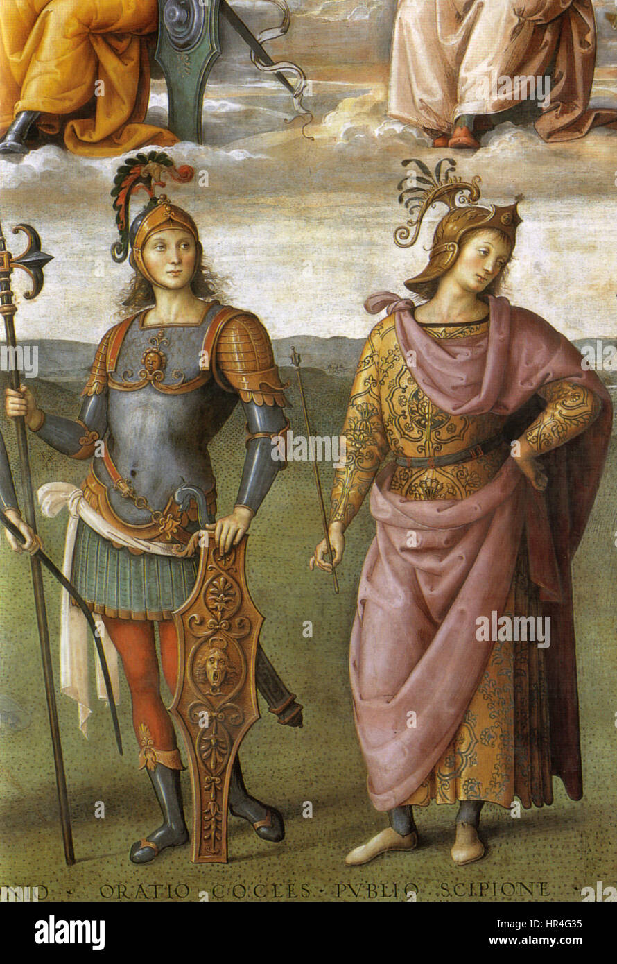 Tapferkeit und Mäßigung mit sechs antiken Helden, ein Fresko von Pietro Perugino, einem italienischen Renaissance-Maler, entstanden zwischen 1497 und 1500 für das Collegio del Cambio in Perugia. Stockfoto