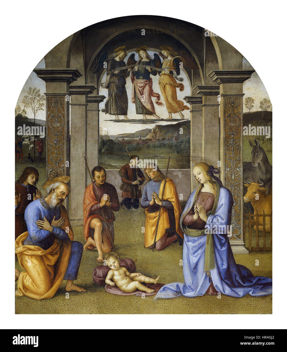 Pietro Perugino, ein italienischer Renaissance-Maler, schuf dieses Kunstwerk, Anbetung des Kindes, zwischen 1496 und 1500, auch bekannt als Natività, Teil des Collegio del Cambio. Stockfoto