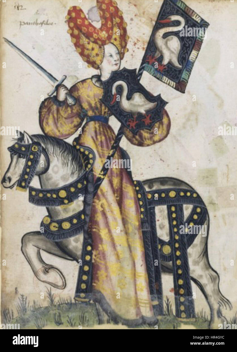 Diese Darstellung von Penthesilea, einer der neun weiblichen Worthies, zeigt sie als Kriegerkönigin in der griechischen Mythologie. Als Figur der Stärke und Tapferkeit repräsentiert Penthesilea die heroische Weiblichkeit der klassischen Kunst. Stockfoto