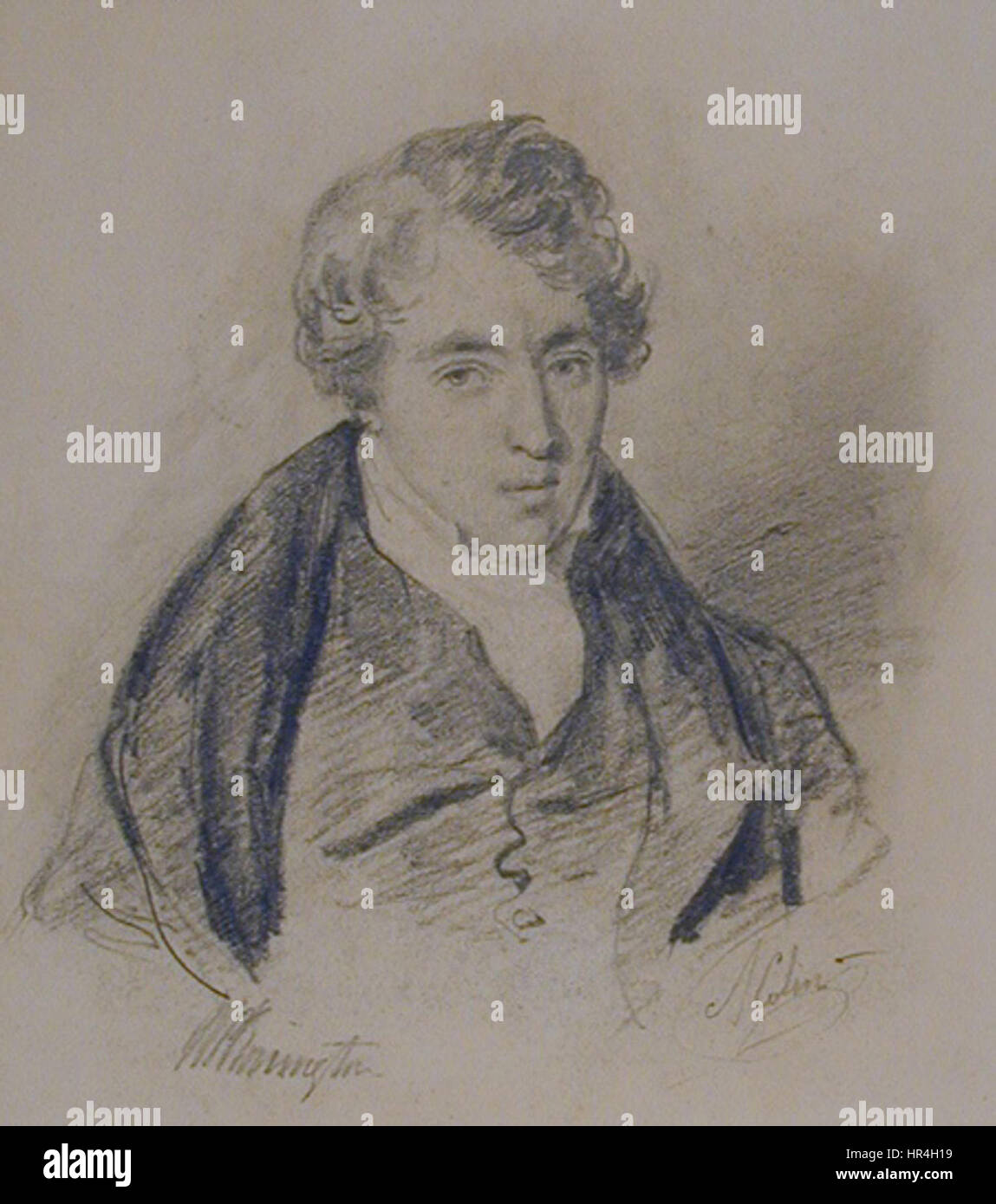 Dieses Porträt von Richard Parkes Bonington zeigt den Charakter des Künstlers in einer detaillierten, realistischen Darstellung. Das Werk betont die Persönlichkeit des Subjekts und die feinen Details der Porträts aus dem 19. Jahrhundert und spiegelt Boningtons künstlerischen Einfluss wider. Stockfoto