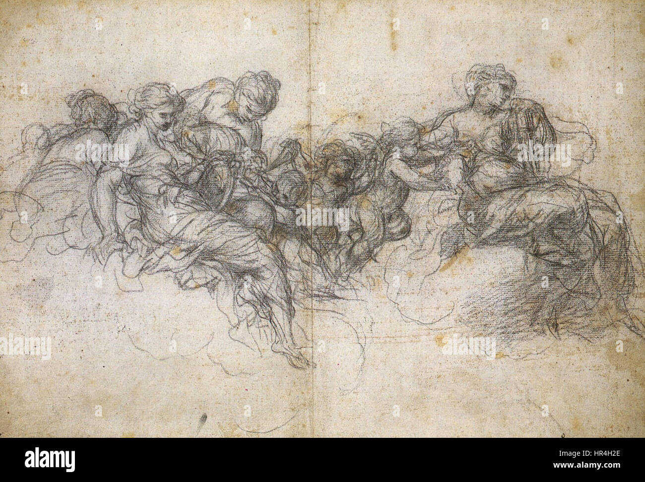 Eine Studie von Pietro da Cortona, einem führenden Barockkünstler, zeigt seinen Fokus auf Figuren, architektonischen Elementen und dramatischen Kompositionen. Cortonas Arbeiten im barocken Stil betonen dynamische Bewegung und Größe in ihren Themen und Settings. Stockfoto