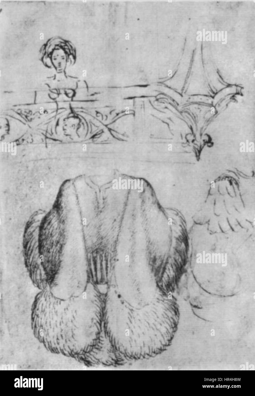 Das Werk von Pisanello, das im Louvre ausgestellt wird, ist eine detaillierte Zeichnung, die die Meisterschaft des Künstlers in Design und Form zeigt. Pisanello ist bekannt für seine Arbeiten in der Frührenaissance und umfasst oft komplizierte Lineararbeit und die Erforschung menschlicher Figuren, die in diesem Stück zu sehen sind. Seine Beiträge zur Renaissance-Kunst sind geprägt von Präzision und Eleganz, die Realismus und Idealismus miteinander verbinden. Stockfoto