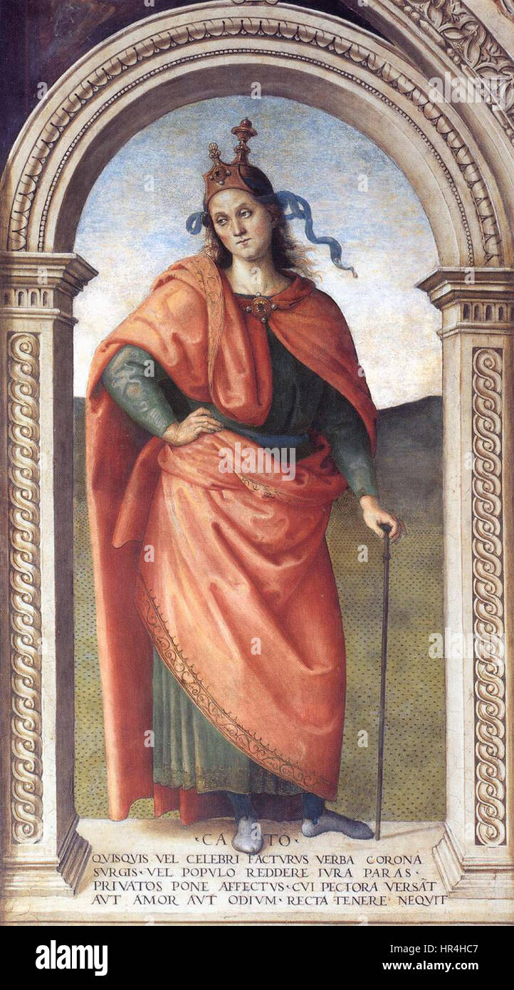 Cato, ein Fresko von Pietro Perugino, einem italienischen Renaissance-Maler, entstanden zwischen 1497 und 1500, im Collegio del Cambio in Perugia. Stockfoto