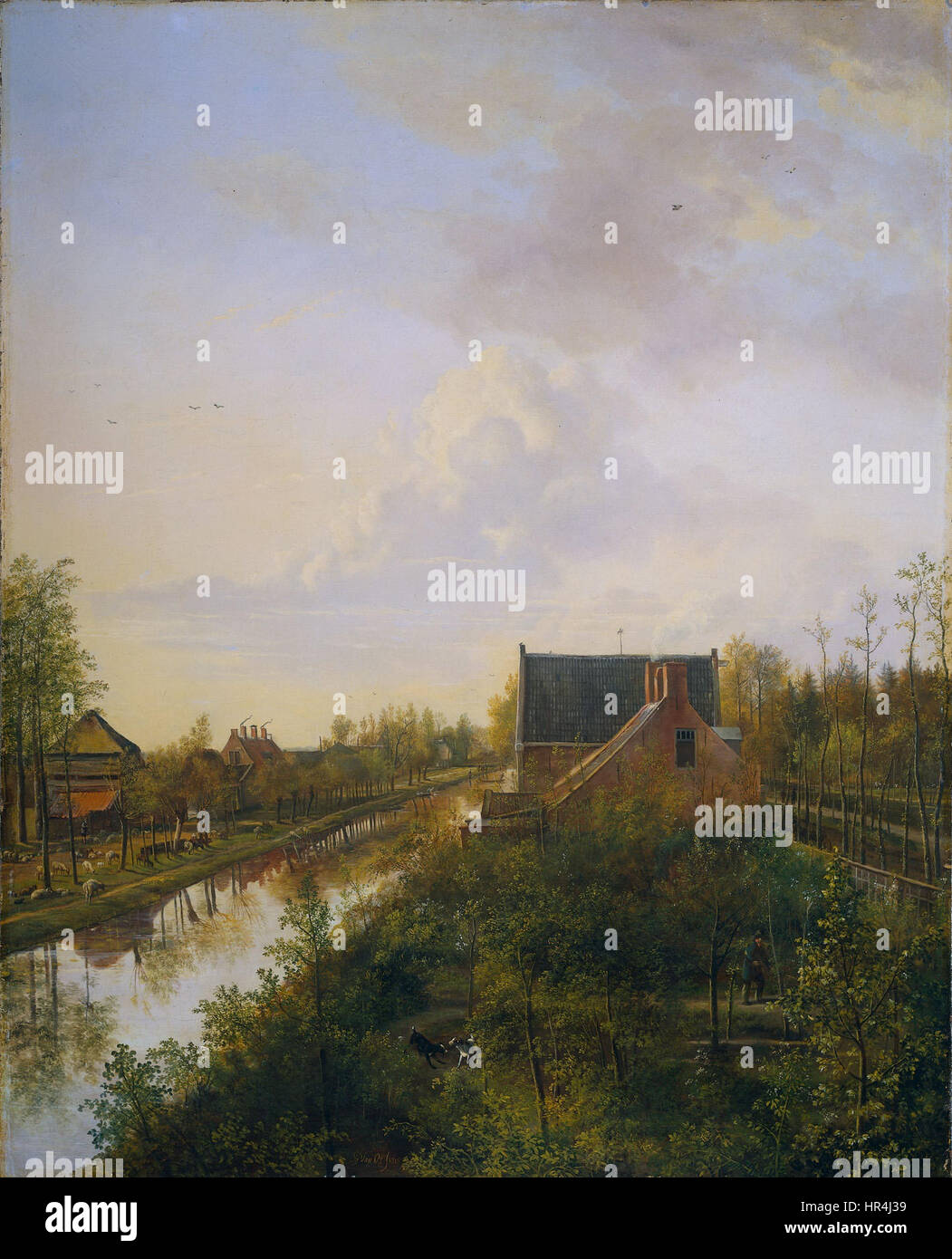 Pieter van OS zeigt in seiner Darstellung einer Kanalszene seine Meisterschaft der Landschaftsmalerei. Die Komposition fängt die Ruhe der Wasserstraße mit sorgfältig gestalteten Booten und Figuren ein. Van OS nutzt natürliches Licht und seine detaillierte Darstellung der Umgebung, um die ruhige und ruhige Atmosphäre der Umgebung zu verdeutlichen. Stockfoto