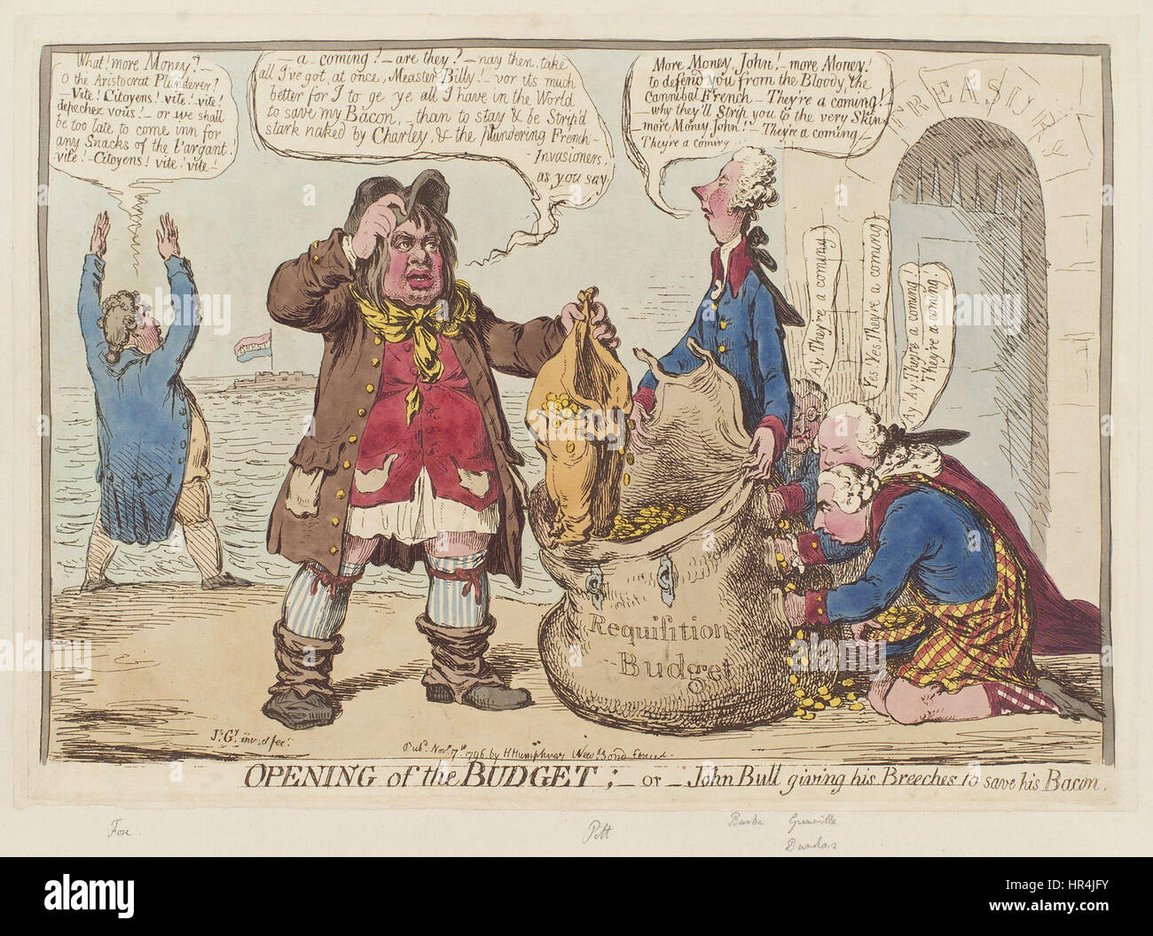 Eröffnung des Haushaltsplans; - oder - John Bull geben seiner Reithose seinen Speck von James Gillray speichern Stockfoto