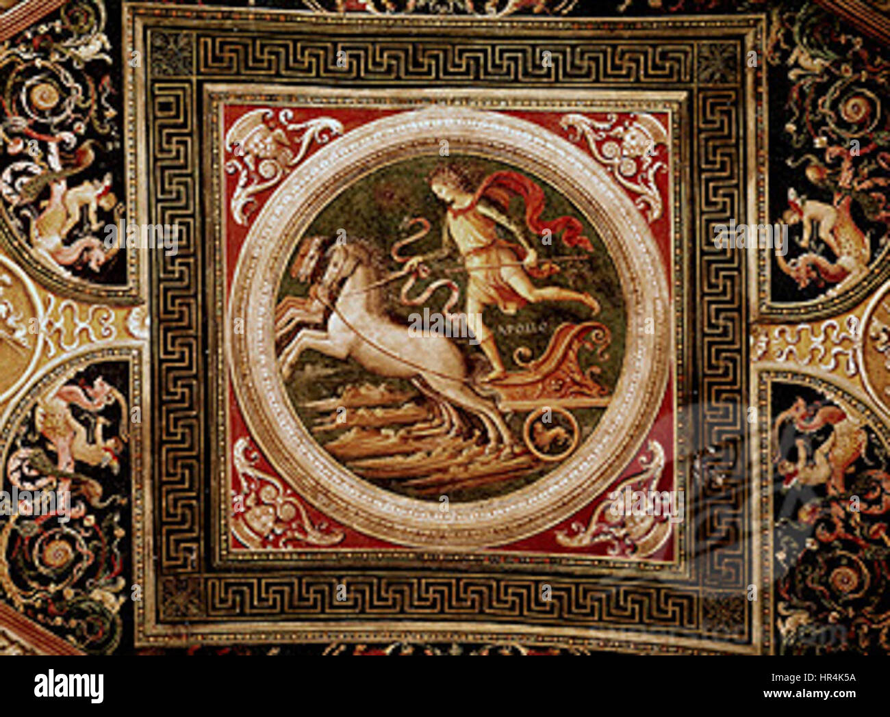 Apollo, ein Fresko von Pietro Perugino, einem italienischen Renaissance-Maler, im Collegio del Cambio in Perugia, geschaffen zwischen 1497 und 1500. Stockfoto