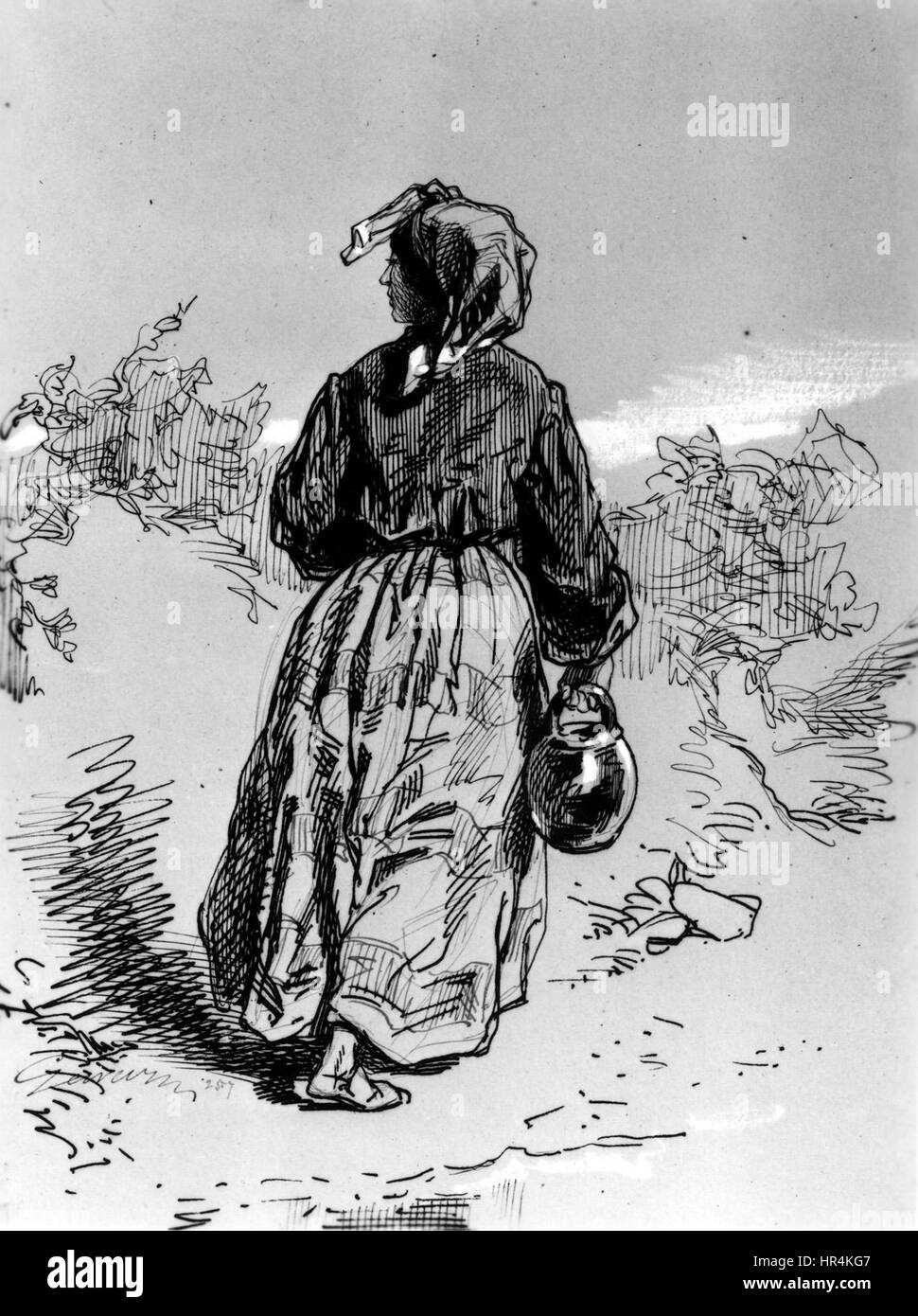 „Bauernfrau mit Jar“ von Paul Gavarni ist eine detaillierte Lithografie, die das Leben der ländlichen Frauen im Frankreich des 19. Jahrhunderts veranschaulicht. Das Werk fängt das Thema mit einem Glas ein und spiegelt Gavarnis charakteristische Herangehensweise an die Darstellung des Alltags und der würde der Arbeiterklasse in seiner Kunst wider. Stockfoto