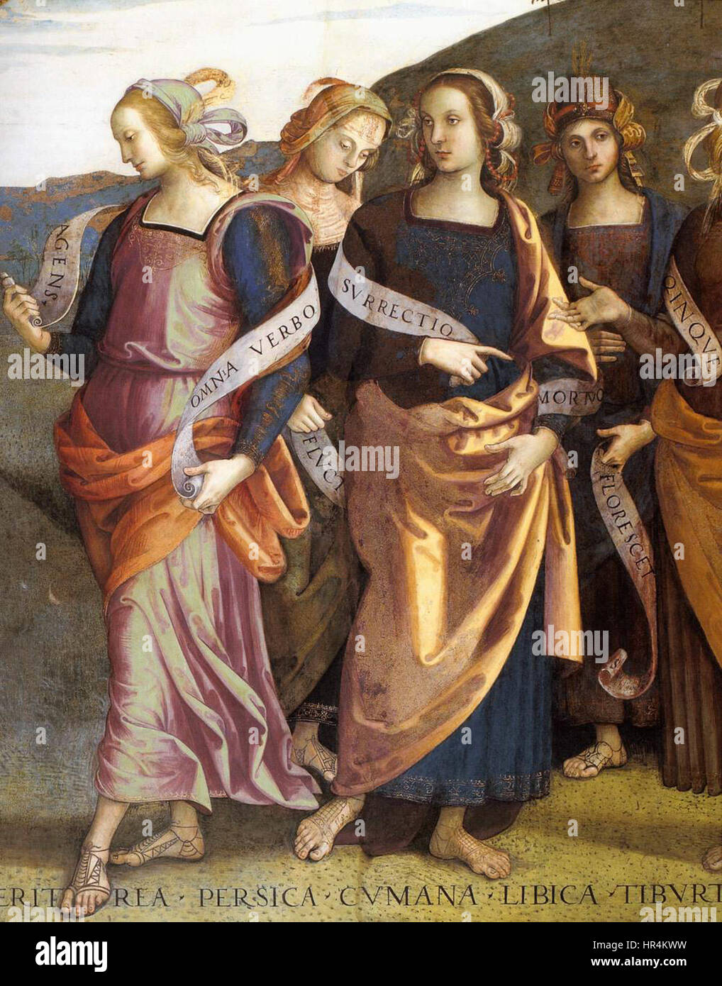 Ein Detail aus Propheten und Sibyllen, einem Fresko von Pietro Perugino, einem italienischen Renaissance-Maler, entstanden zwischen 1497 und 1500, im Collegio del Cambio in Perugia. Stockfoto