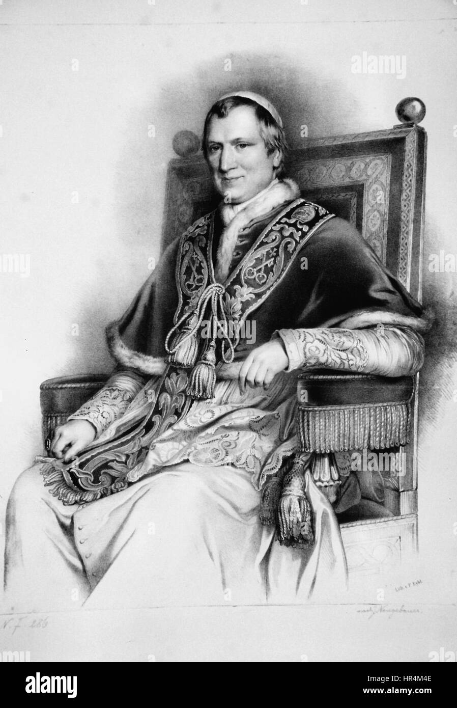 Pius IX., dargestellt in einer Lithographie von Eybl, wird mit der würde und dem Hochmut dargestellt, die seiner Rolle als Papst während einer Zeit des politischen Umbruchs im Europa des 19. Jahrhunderts angemessen sind. Stockfoto