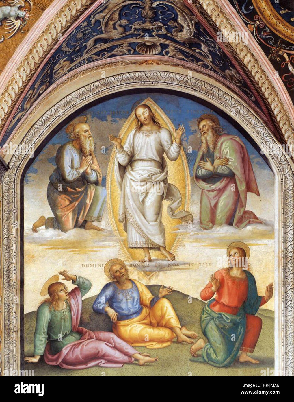 Die Verklärung Christi, ein Fresko von Pietro Perugino, einem italienischen Renaissance-Maler, entstanden zwischen 1497 und 1500, befindet sich im Collegio del Cambio in Perugia. Stockfoto