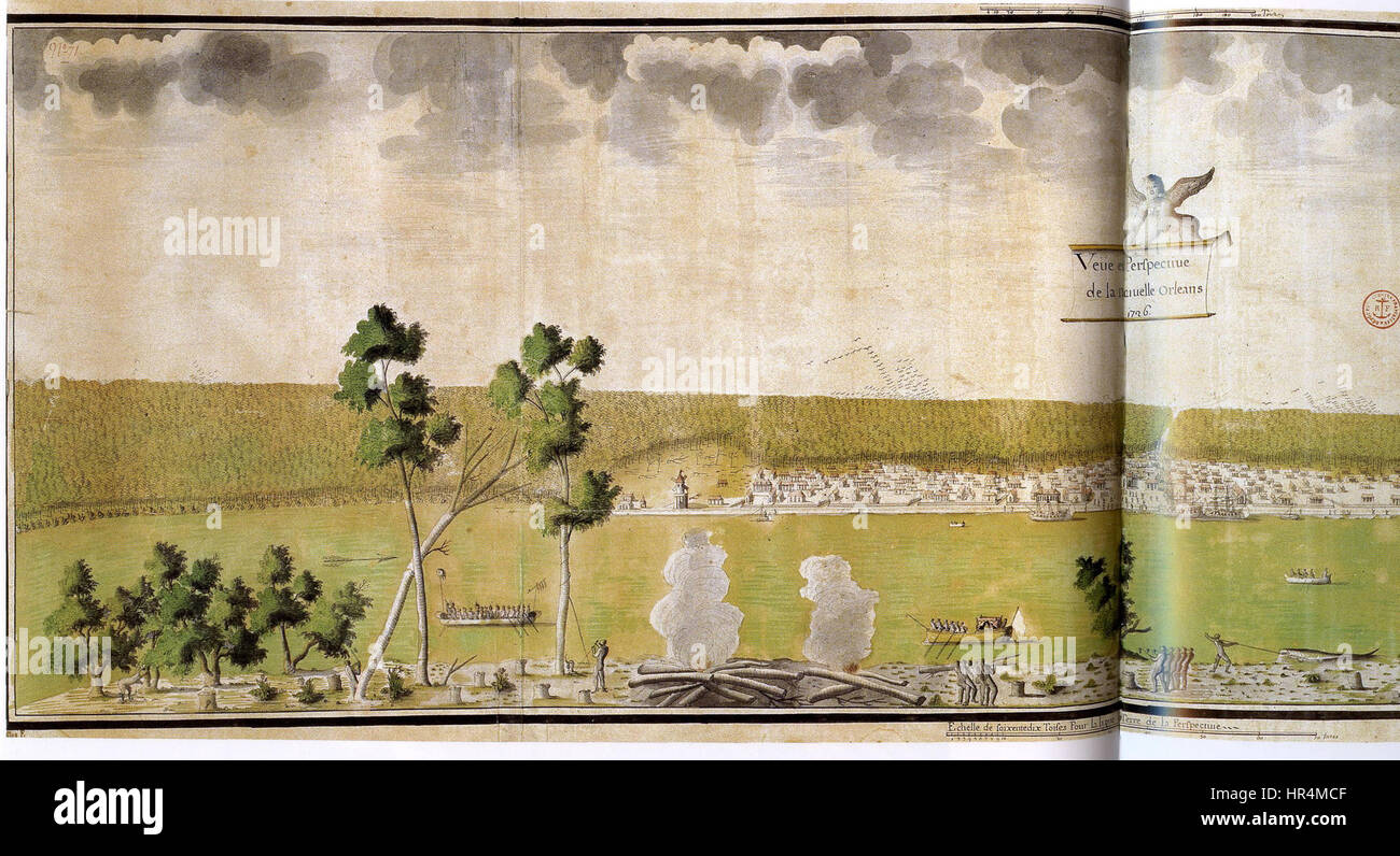 *Nouvelle Orleans 1726 Lassus B* zeigt eine historische Szene von New Orleans im 18. Jahrhundert und veranschaulicht die frühe Kolonialzeit. Das Kunstwerk fängt die lebendige und sich entwickelnde Natur der Stadt ein und zeigt ihre Mischung aus französischen und amerikanischen Einflüssen während dieser Zeit. Stockfoto