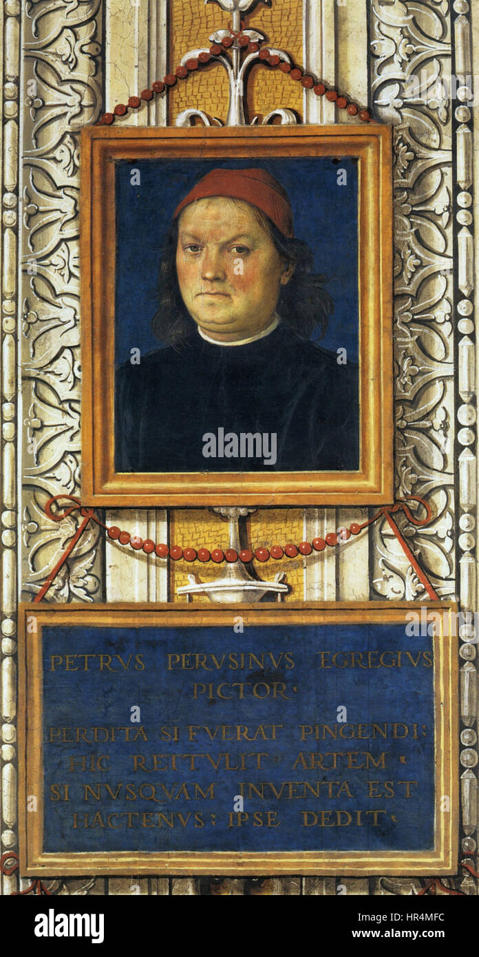 Pietro Perugino, ein italienischer Renaissancemaler, in einem Selbstporträtfresco, das zwischen 1496 und 1500 geschaffen wurde, im Collegio del Cambio. Stockfoto