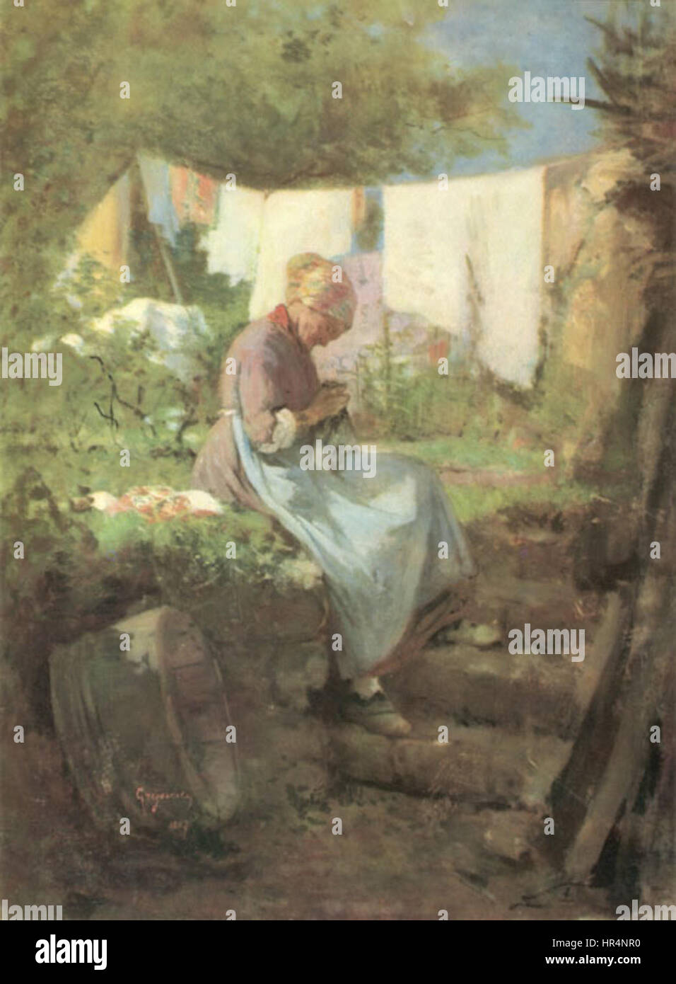 Nicolae Grigorescu - alte Frau Stopf- Stockfoto