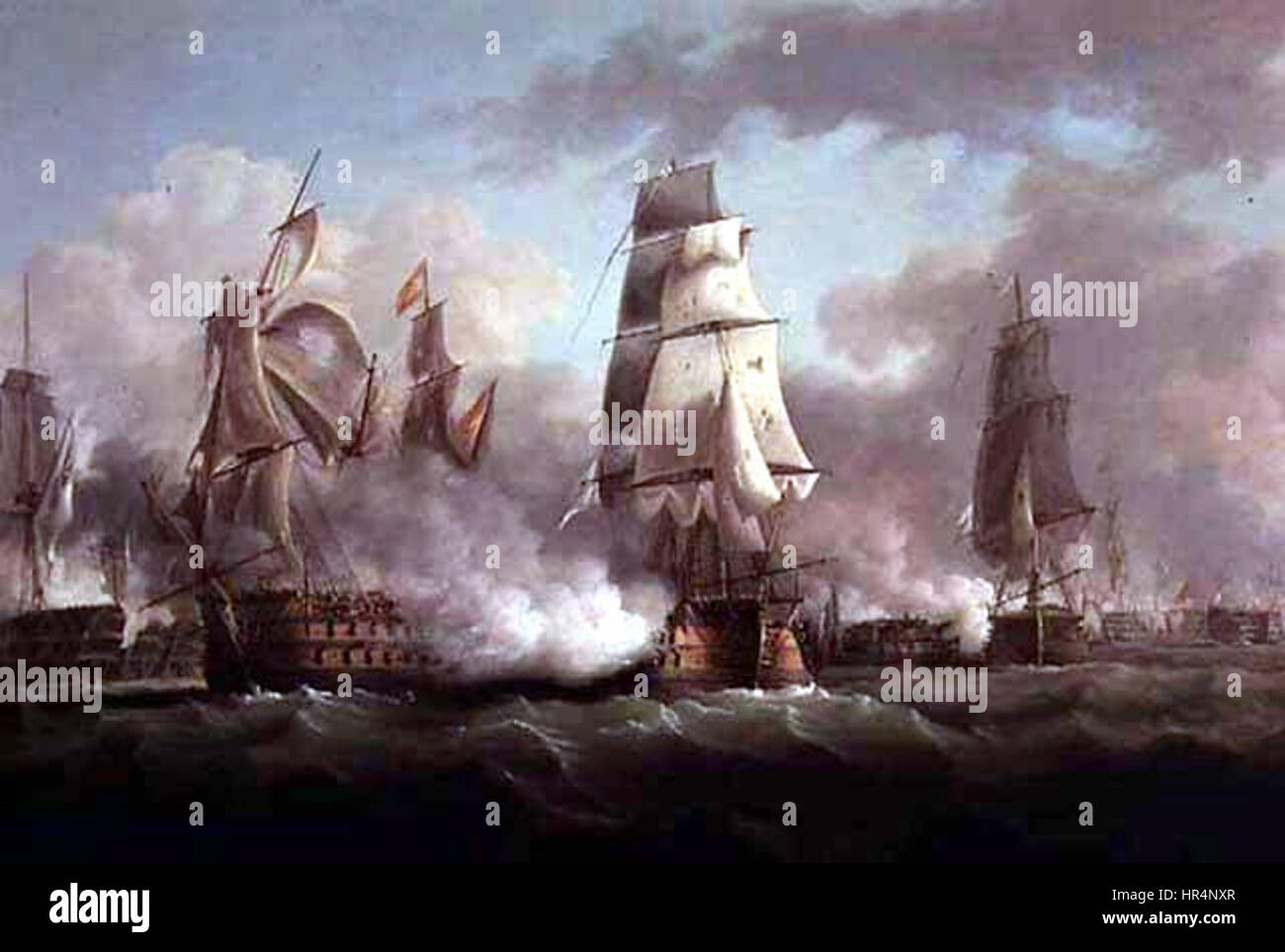 Dieses Marinemalbild von Sartorius stellt Neptun dar, den römischen Gott des Meeres, der die Marinestreitkraft und den Sieg der Briten in der Schlacht von Trafalgar symbolisiert. Das Werk spiegelt die Faszination des 19. Jahrhunderts für maritime Themen und Heldenfiguren in der britischen Seefahrtsgeschichte wider. Stockfoto