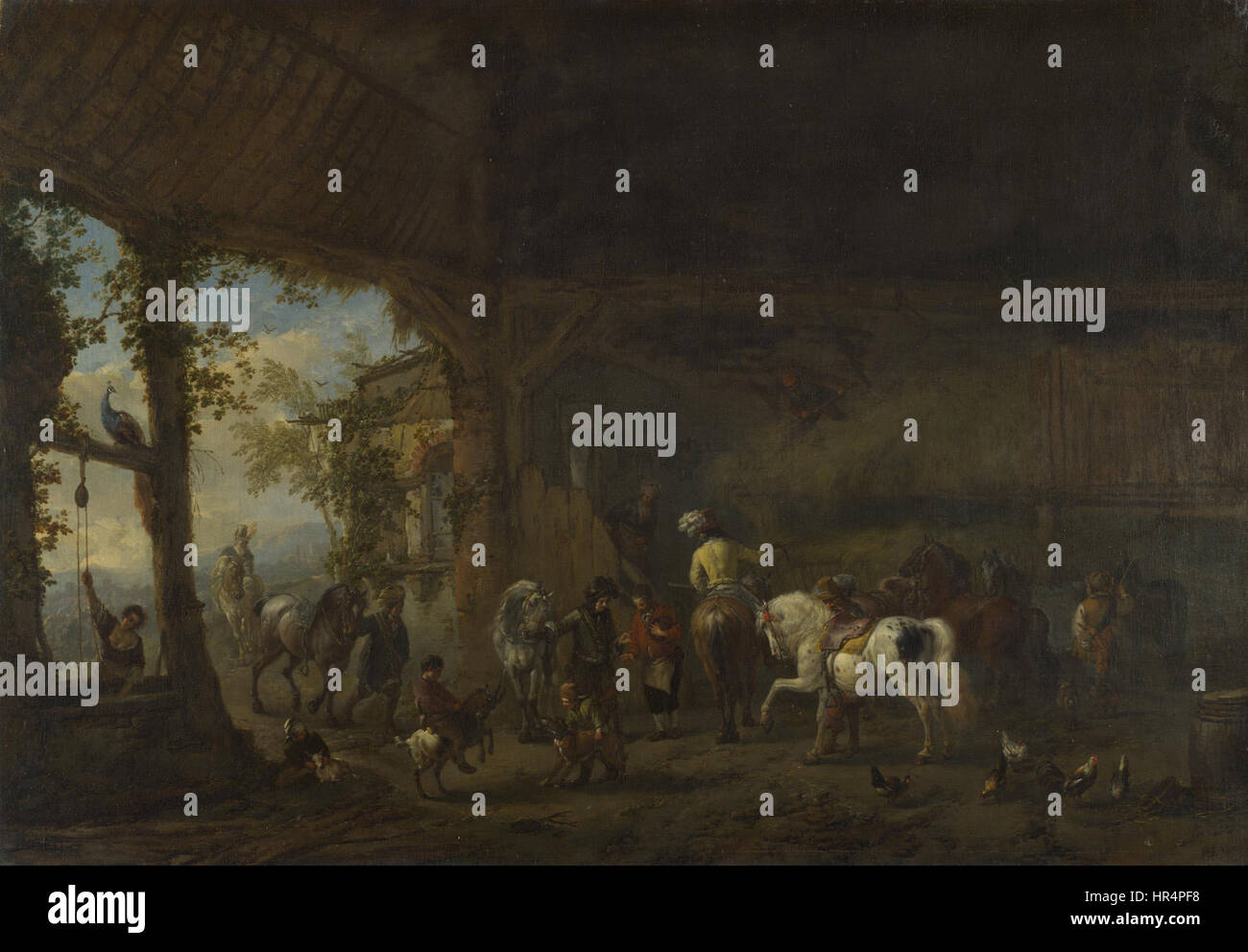 Philips Wouwermans „das Innere eines Stalls“ zeigt eine ruhige, detailreiche Szene in einem Pferdestall und zeigt die Beherrschung des Lichts, der Komposition und des Alltags des Künstlers im 17. Jahrhundert. Stockfoto