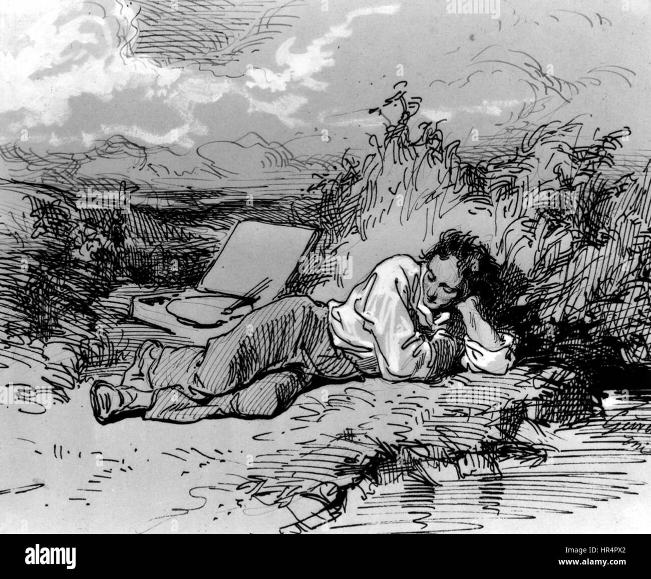 Paul Gavarnis „junger Künstler schlafend durch einen Stream“ fängt einen ruhigen Moment im Leben eines jungen Künstlers ein, umgeben von der Natur. Die Szene verbindet eine friedliche Landschaft mit einer intimen Darstellung des Motivs. Stockfoto