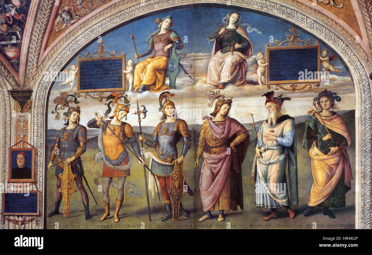 „Berühmte Männer der Antike“ von Pietro Perugino präsentiert eine Reihe von Porträts historischer Persönlichkeiten aus dem antiken Griechenland und Rom. Das zweite Panel der Serie konzentriert sich auf die Intellektuellen und Philosophen, die das westliche Denken geprägt haben. Stockfoto