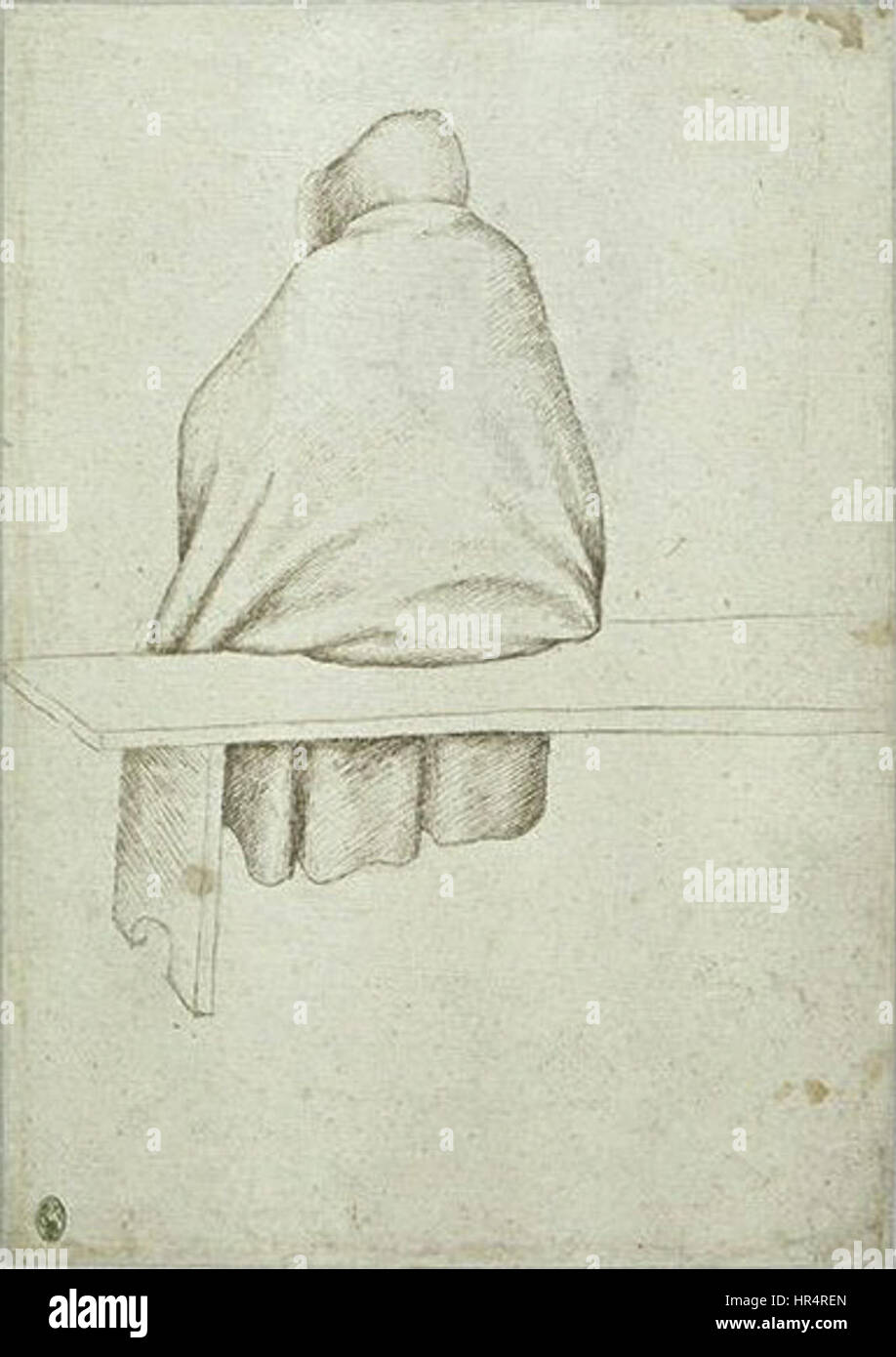 Der „Codex Vallardi 2332 V“ von Pisanello ist eine detaillierte Handschrift, die komplexe Illustrationen mit religiösen Themen verbindet. Das Werk gibt Einblicke in die Ikonographie der Frührenaissance und die Fähigkeit des Künstlers, Text mit delikaten Kunstwerken zu kombinieren. Stockfoto