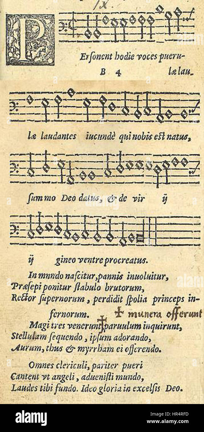 „Personent Hodie“ ist ein traditionelles weihnachtslied aus dem mittelalterlichen Europa. Es feiert die Geburt Christi mit einem Schwerpunkt auf fröhlichen und heiligen Themen, die oft in Chorbesetzungen während der Weihnachtszeit aufgeführt werden. Stockfoto