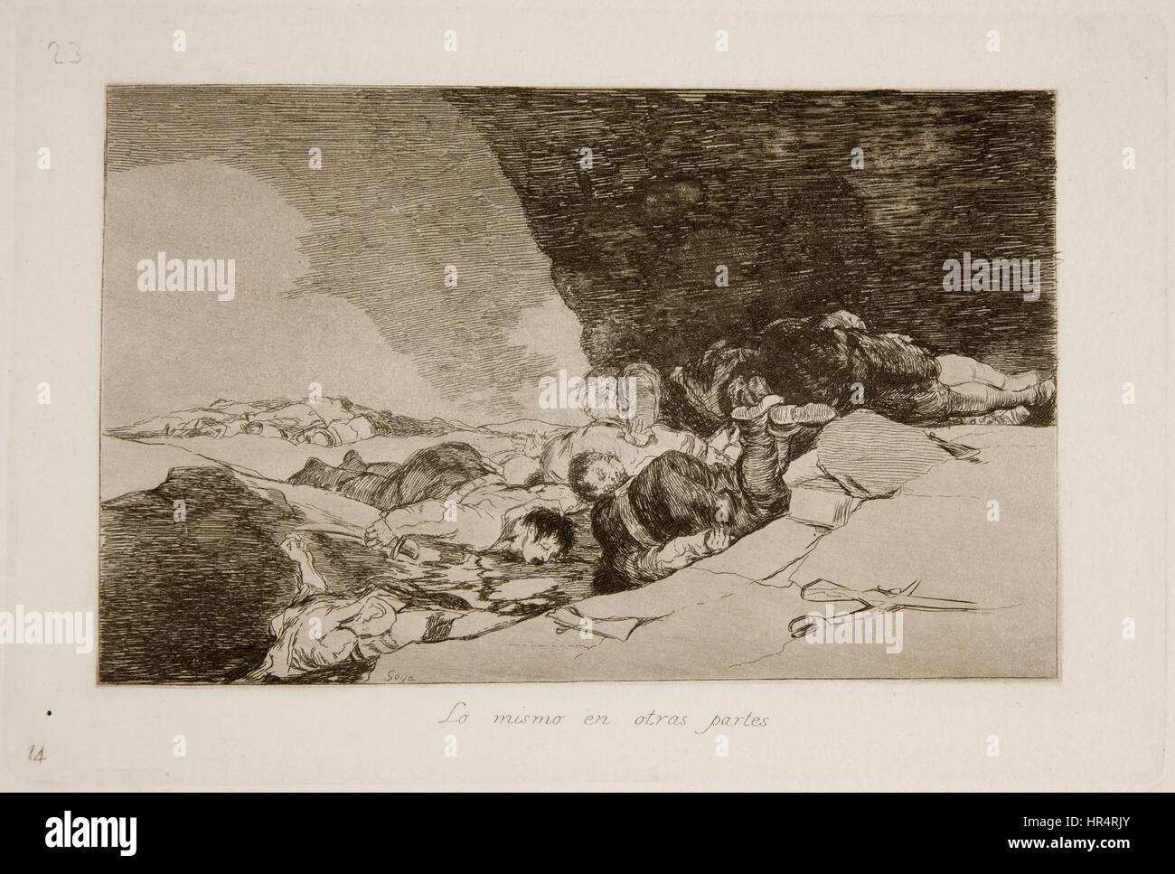 Lo mismo en otras partes ist Teil von Francisco Goyas Serie Los Desastres de la Guerra. Diese Arbeit beleuchtet die brutalen Folgen des Krieges und zeigt Szenen der Zerstörung und des Leidens. Goyas dramatischer und emotionaler Stil vermittelt die Schrecken und Unmenschlichkeit des Konflikts während des Halbinsel-Krieges. Stockfoto