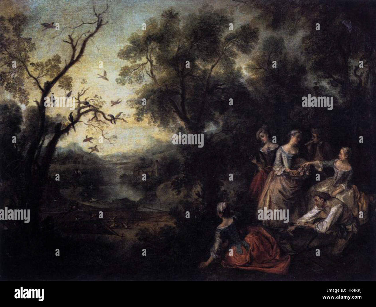 *Spring* von Nicolas Lancret ist ein Rokoko-Gemälde, das das Wesen der Saison mit anmutigen Figuren, umgeben von üppigen Blumen und Grün, darstellt. Lancrets leichte und zarte Pinselstriche fängt die Schönheit der Natur auf eine skurrile und elegante Weise ein, die für den Rokoko-Stil charakteristisch ist. Stockfoto