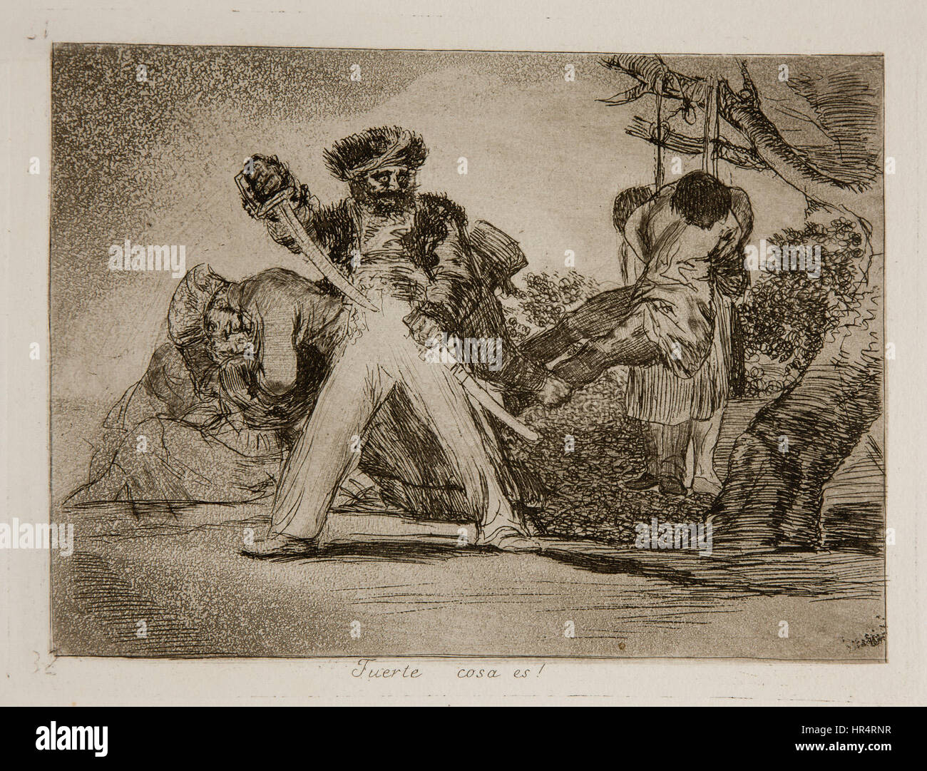 Los Desastres de la Guerra (die Katastrophen des Krieges) ist eine Serie von Radierungen von Francisco Goya, die die brutalen Realitäten des spanischen Konflikts darstellen. Nr. 31 mit dem Titel „Fuerte cosa es!“ Veranschaulicht die Härte und das Leid, das durch den Krieg verursacht wurde, und fängt die Angst der Zeit durch krasse Bilder und dramatische Kontraste ein. Stockfoto