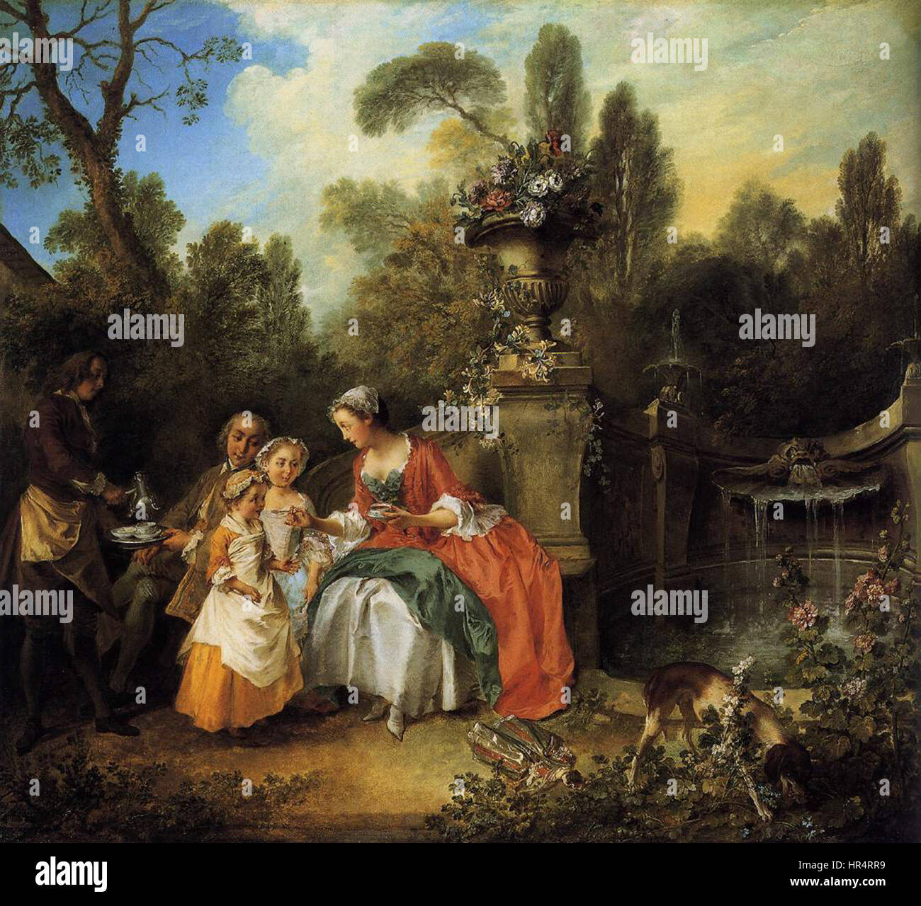 Nicolas Lancrets „Lady and Gentleman with Two Girls and a Diener“ zeigt eine vornehme Versammlung aristokratischer Figuren. Die Verwendung sanfter Farben und fließender Pinselarbeiten des Künstlers spiegelt die Eleganz des französischen Rokoko-Stils des 18. Jahrhunderts wider. Stockfoto