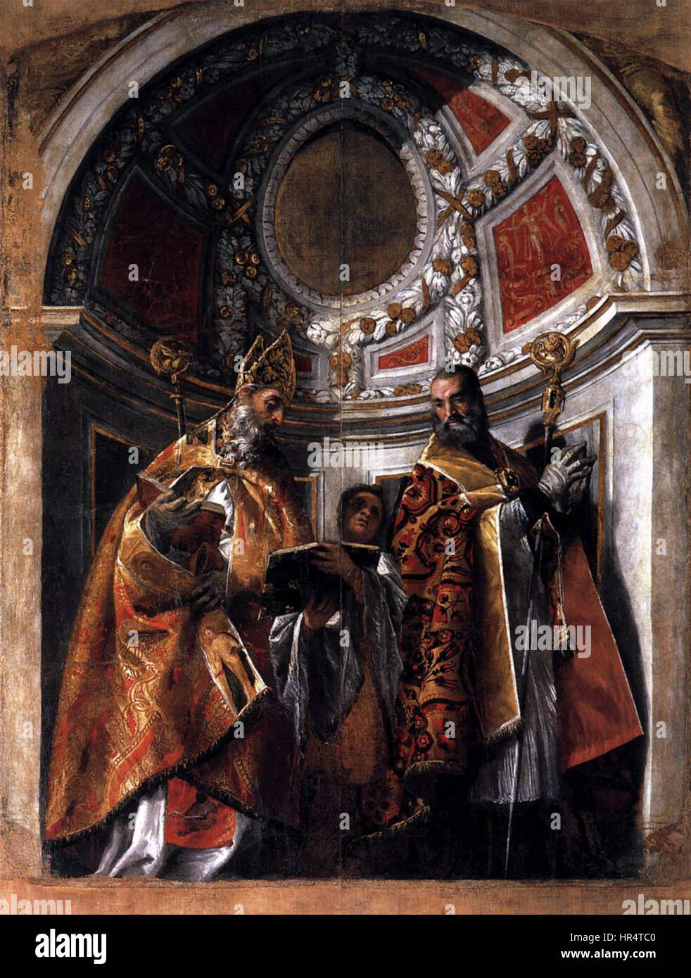 „Sts Geminianus and Severus“ von Paolo Veronese ist ein religiöses Gemälde mit zwei Heiligen. Veronese verwendet lebendige Farben und komplizierte Details, die eine dynamische und heilige Atmosphäre schaffen, die für seinen venezianischen Renaissance-Stil charakteristisch ist. Stockfoto