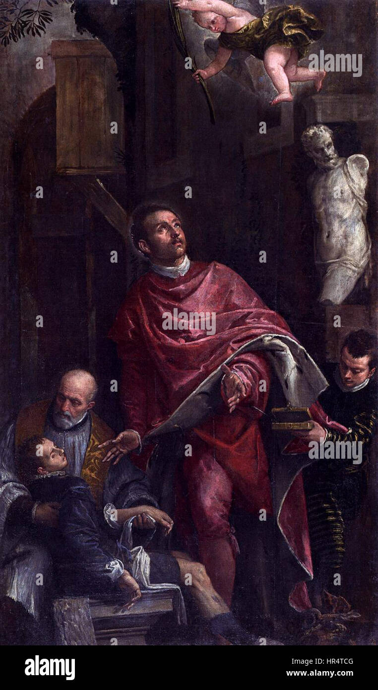 Paolo Veroneses „Bekehrung des hl. Pantaleon“ zeigt den dramatischen Moment der Bekehrung des hl. Pantaleon zum Christentum. Das Gemälde ist reich an Farben und detaillierter Komposition, charakteristisch für den Barockstil von Veronese und betont religiöse Themen. Stockfoto