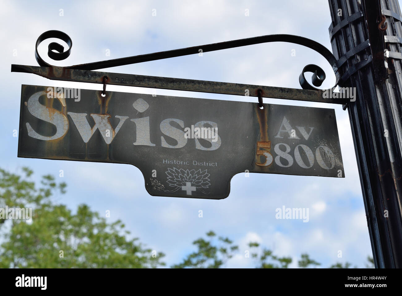 Straßenschild für Schweizer Avenue in historischen East Dallas, Texas Stockfoto