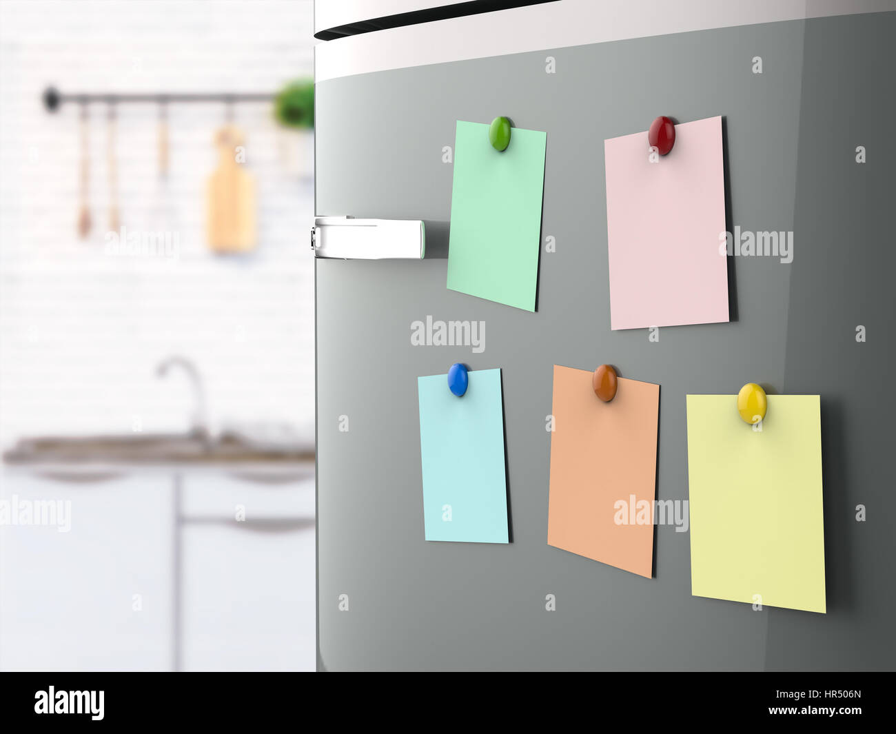 3D Rendering leer Notizen am Kühlschrank Stockfoto