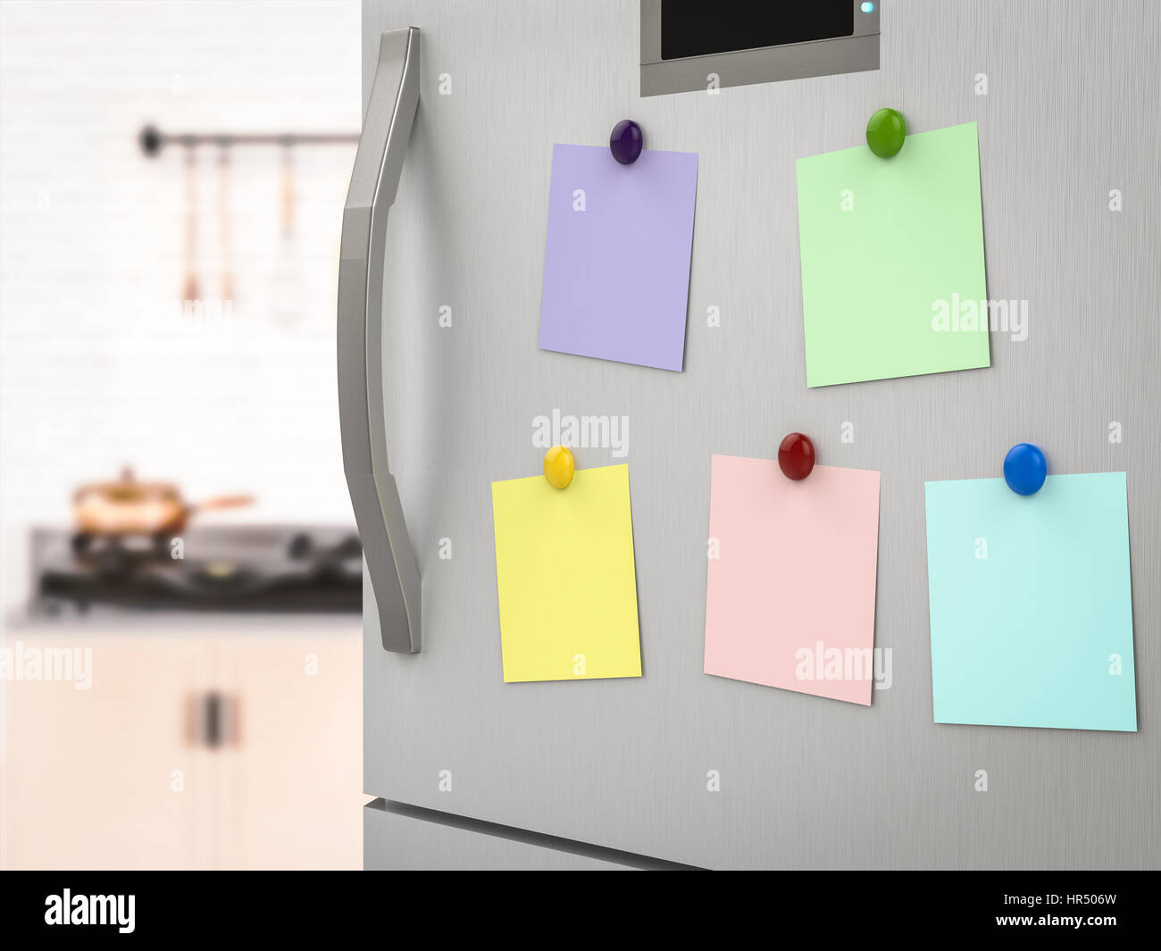 3D Rendering leer Notizen am Kühlschrank Stockfoto